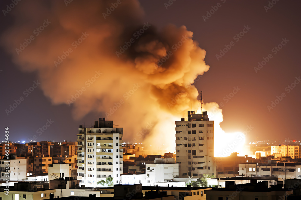 Destroyed town with smoke coming out of it after war battle attack.