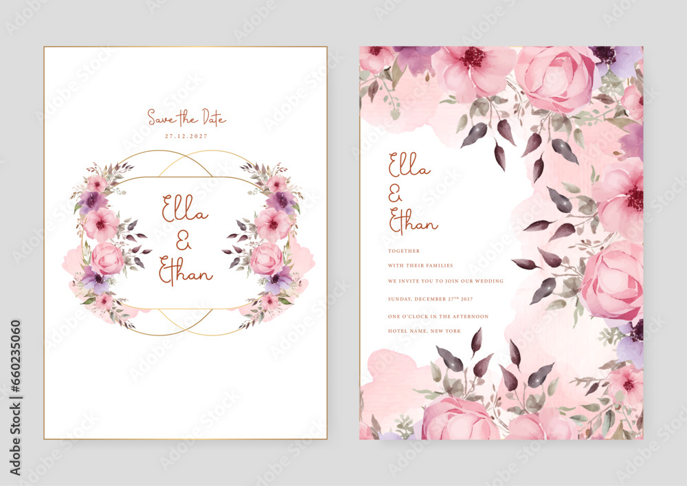 Pink rose artistic wedding invitation card template set with flower decorations