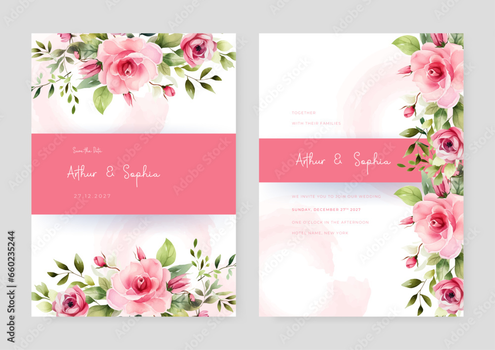 Pink rose set of wedding invitation template with shapes and flower floral border