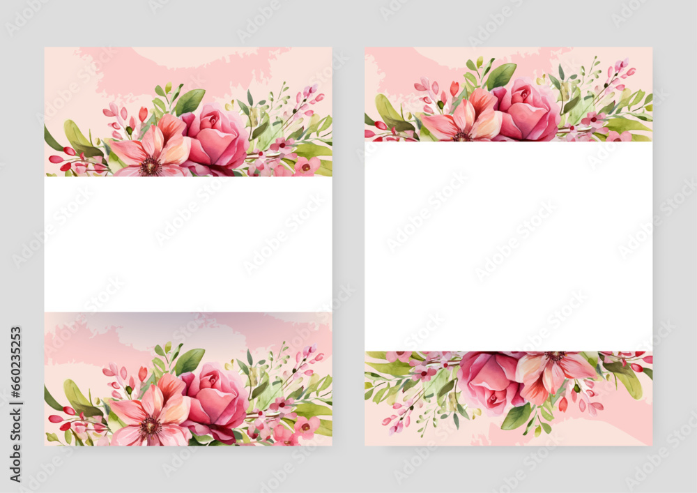 Pink rose and peony wedding invitation card template with flower and floral watercolor texture vector