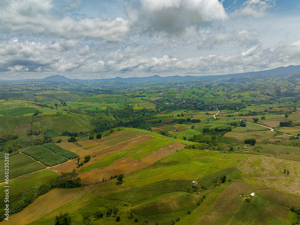 Aerial view of agricultural land and paddy fields in Bukidnon. Mindanao, Philippines.