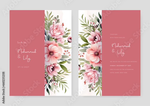 Pink peony floral wedding invitation card template set with flowers frame decoration