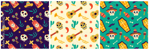 Set of Dia de Muertos Seamless Pattern Illustration with Day of the Dead and Skeleton Element in Mexican Design