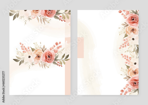 Pink peach and white rose and peony elegant wedding invitation card template with watercolor floral and leaves