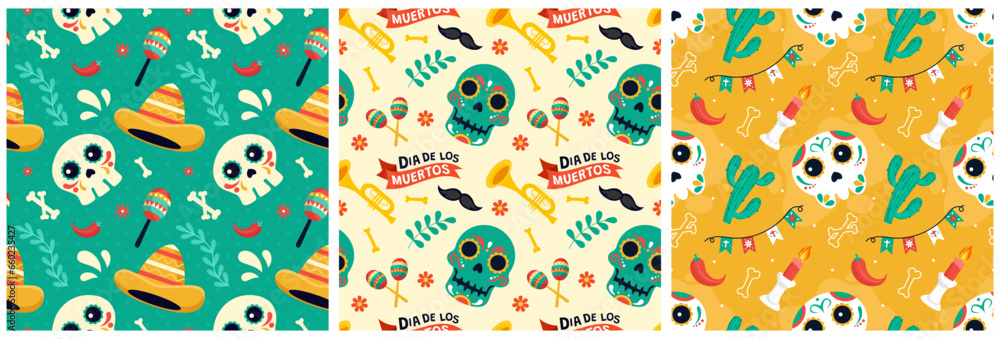 Set of Dia de Muertos Seamless Pattern Illustration with Day of the Dead and Skeleton Element in Mexican Design - obrazy, fototapety, plakaty 