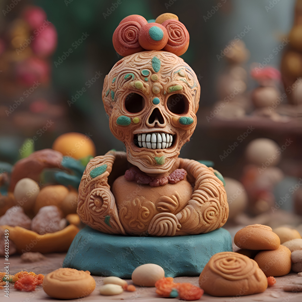 Mexican sugar skull made of clay with candies and marmalade