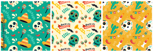 Set of Dia de Muertos Seamless Pattern Illustration with Day of the Dead and Skeleton Element in Mexican Design