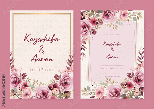 Pink rose and sakura vector wedding invitation card set template with flowers and leaves watercolor