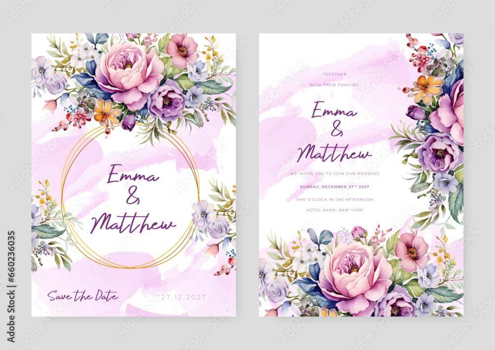 Pink and purple violet rose and poppy elegant wedding invitation card template with watercolor floral and leaves
