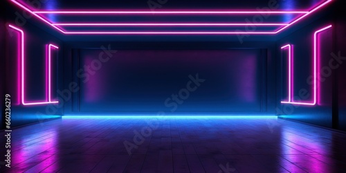 Empty dark basement disco room with neon frames and wooden floor