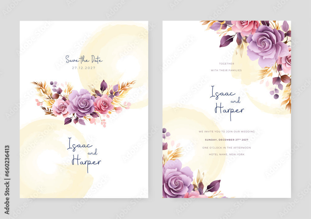 Purple violet and pink rose artistic wedding invitation card template set with flower decorations