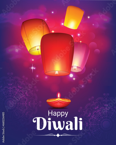 happy diwali festival wishing post template design with illustration of floating sky lantern on blue background