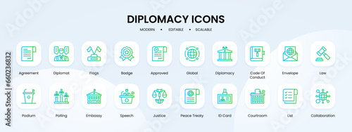 Diplomacy icon collection with blue and green gradient outline style. diplomacy, sign, collection, international, country, business, embassy. Vector Illustration
