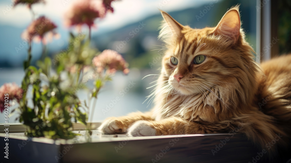 Cat sitting and looking at the lake view from the window