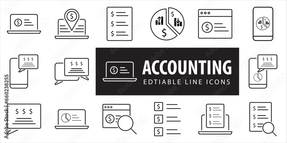 Accounting set of web icons in line style. Accounting and audit icons for web and mobile app. Containing finance report and invoice, tax return, accounting, auditing, inspection. Editable Line, ... Accounting set of web icons in line style. Accounting and audit icons for web and mobile app. Containing finance report and invoice, tax return, accounting, auditing, inspection. Editable Line, ...