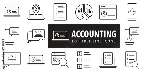 Accounting set of web icons in line style. Accounting and audit icons for web and mobile app. Containing finance report and invoice, tax return, accounting, auditing, inspection. Editable Line, ...