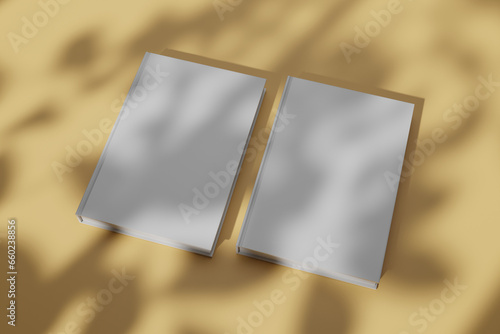 3d rendering of blank white book with window shadow and tree branches, for mockup design