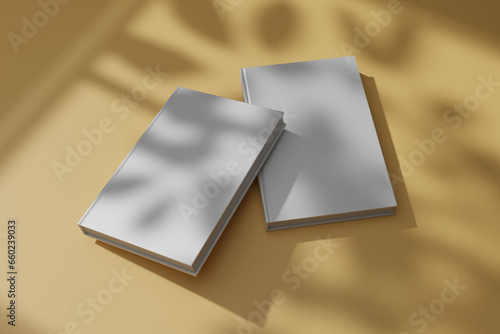 3d rendering of blank white book with window shadow and tree branches, for mockup design