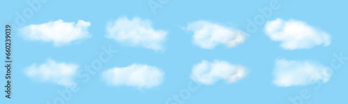 Set of transparent different clouds. Vector set of realistic isolated cloud on blue sky. Vector illustration.