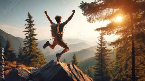 Happy man with arms up jumping on the top of the mountain - Successful hiker celebrating success on the cliff - Life style concept with young male climbing in the forest pathway photo
