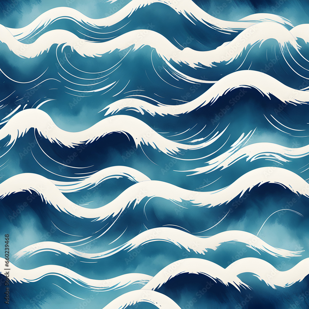 a painting of waves on a dark blue background, ocean pattern, sea waves. ai generative