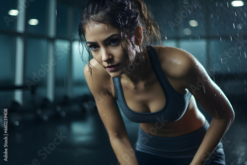 Athletic woman wearing sportswear sweating taking break after exercising at modern gym