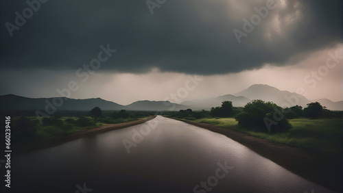 Storm clouds over the river and mountains in the background. long exposure