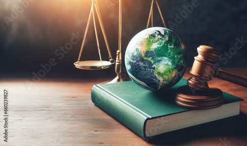 International Law and Environment Law.Green World and gavel on a book with scales of justice. law for global economic regulation aligned with the principles of sustainable environmental conservation