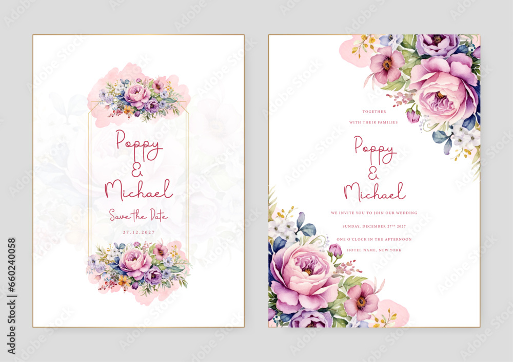 Pink rose and peony luxury wedding invitation with golden line art flower and botanical leaves, shapes, watercolor