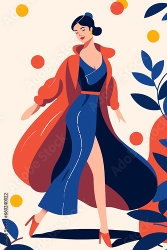 Fashionable woman in a blue dress. Vector illustration in flat styleVector illustration of a girl in a red suit dancing in the studio. photo