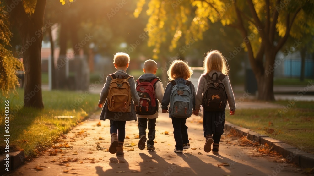 Obraz premium A group of little children walked together in friendship. First day of school On the first day of school opening