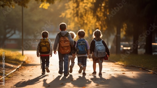 A group of little children walked together in friendship. First day of school On the first day of school opening
