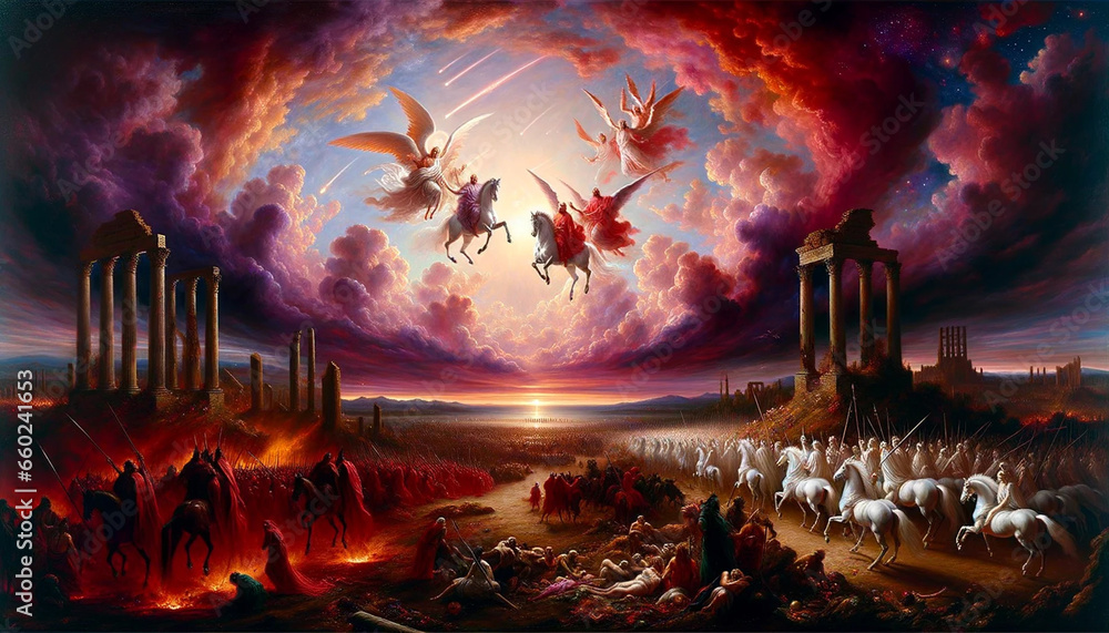 The Second Coming: Christ's Glorious Arrival Amid Fiery Skies - obrazy, fototapety, plakaty 