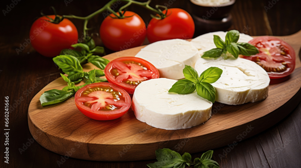 Colourful slices of cheese and tomato arranged alternately on a plate and garnished with herbs served with an oil dressing for drizzling Colourful slices of cheese and tomato arranged alternately on a plate and garnished with herbs served with an oil dressing for drizzling