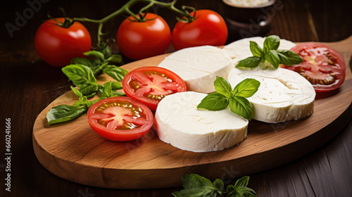 Colourful slices of cheese and tomato arranged alternately on a plate and garnished with herbs served with an oil dressing for drizzling