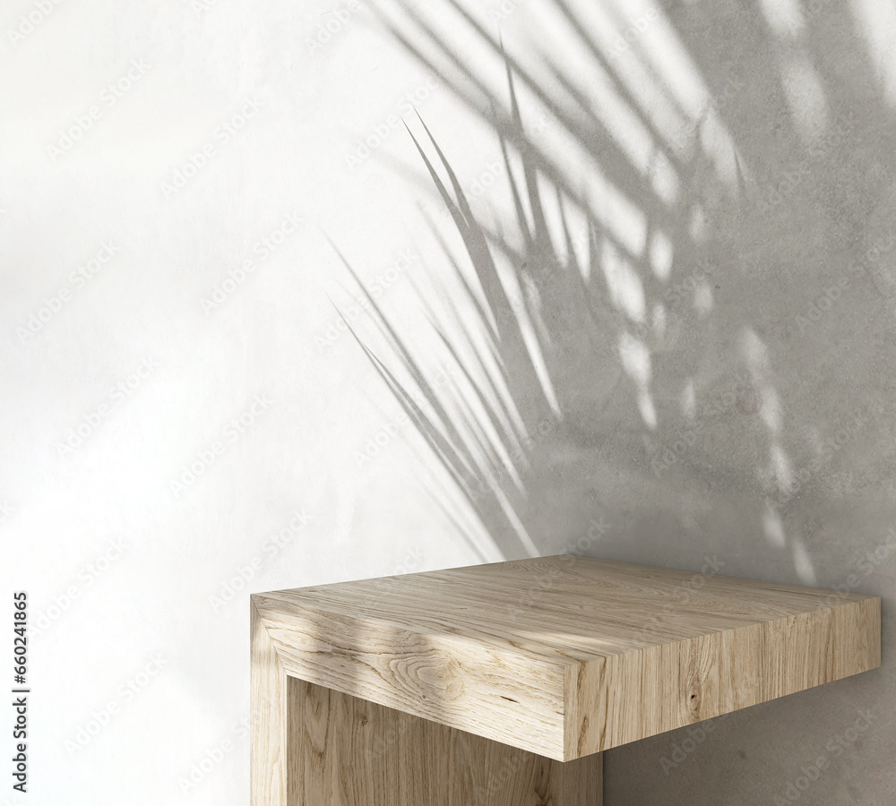 Brown geometric wooden shelf, tropical dracaena tree in sunlight, leaf shadow on gray polished cement wall for luxury organic fashion, cosmetic, skincare, beauty product display background 3D