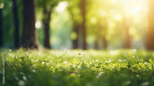 Defocused green trees in forest with grass