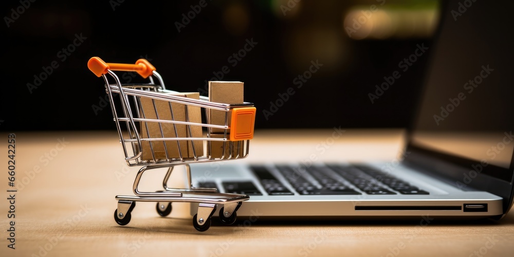 miniature shopping cart with laptop, generative AI