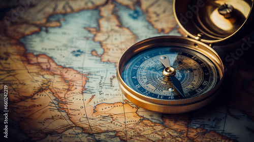 Magnetic compass on world map. Travel geography navigation concept. photo