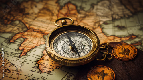 Magnetic compass on world map. Travel geography navigation concept.