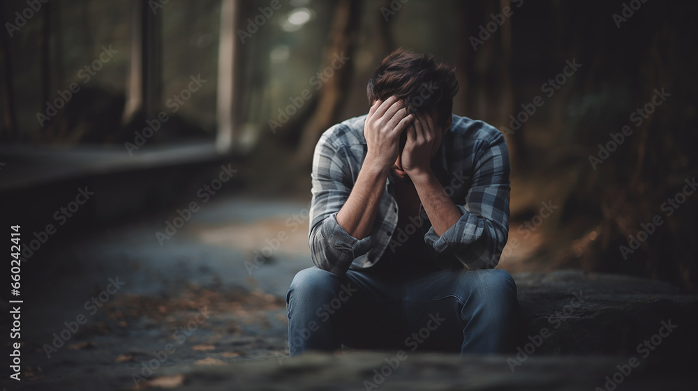 man sitting holding his head with both hands. man depressed in a dark room. man sitting holding his head with both hands. man depressed in a dark room.