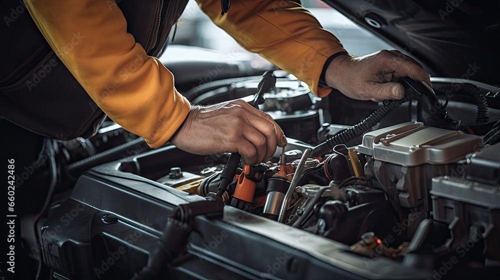 Close-up of a car mechanic using an ammeter to check a car battery in front of the engine bay. Natural light telephoto lens Close-up of a car mechanic using an ammeter to check a car battery in front of the engine bay. Natural light telephoto lens