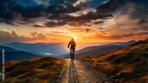 man riding bicycle on mountain path at sunrise in the morning.