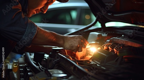 Close-up of a car mechanic using an ammeter to check a car battery in front of the engine bay. Natural light telephoto lens