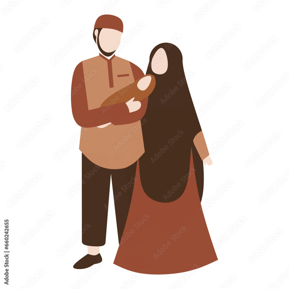 Obraz premium Muslim family portrait vector. Faceless muslim characters
