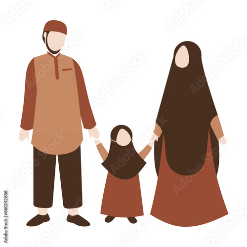 Muslim family portrait vector. Faceless muslim characters