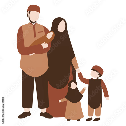 Muslim family portrait vector. Faceless muslim characters