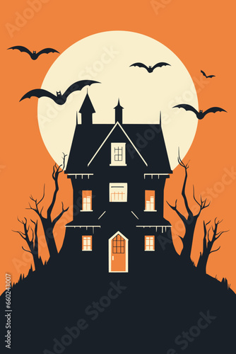 Halloween creepy spooky house. Haunted and cursed mansion at night. Vector poster, party invitation, black and orange illustration concept
