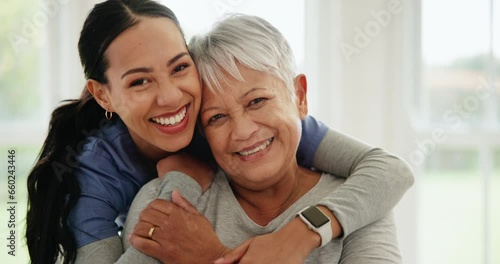 Senior care, nurse and hug with smile for support, wellness and healthcare in nursing home or retirement. Elderly, woman and caregiver or expert with embrace for medical service, happiness and job photo