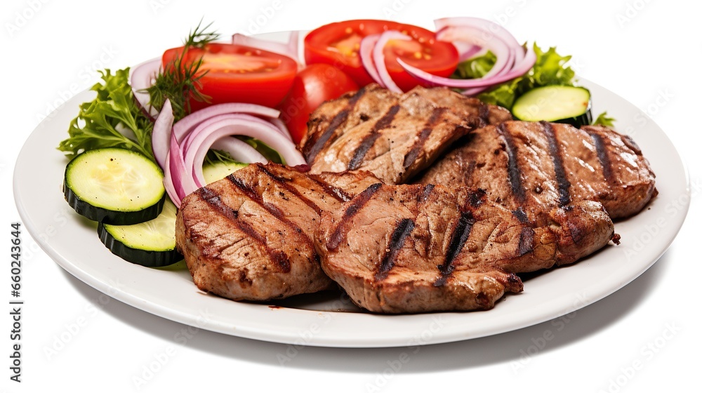 Grilled meat with vegetable salad plated on white background  .Generative AI